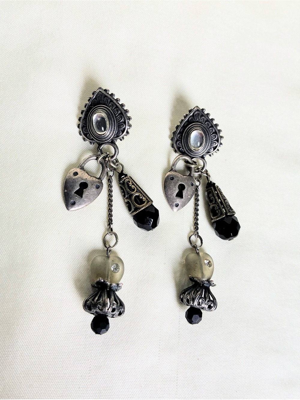 Gothic moonstone and black crystal earrings with heart lock charms #goth